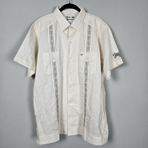 Texas Standard Mens Guayabera Button Up Shirt Size Large Ivory Embroidered Linen